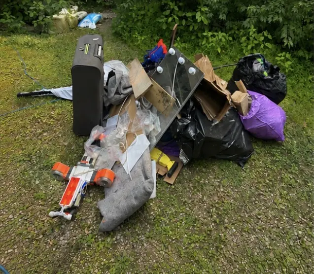 Before: a suitcase, bags and junk piled on a back lawn.