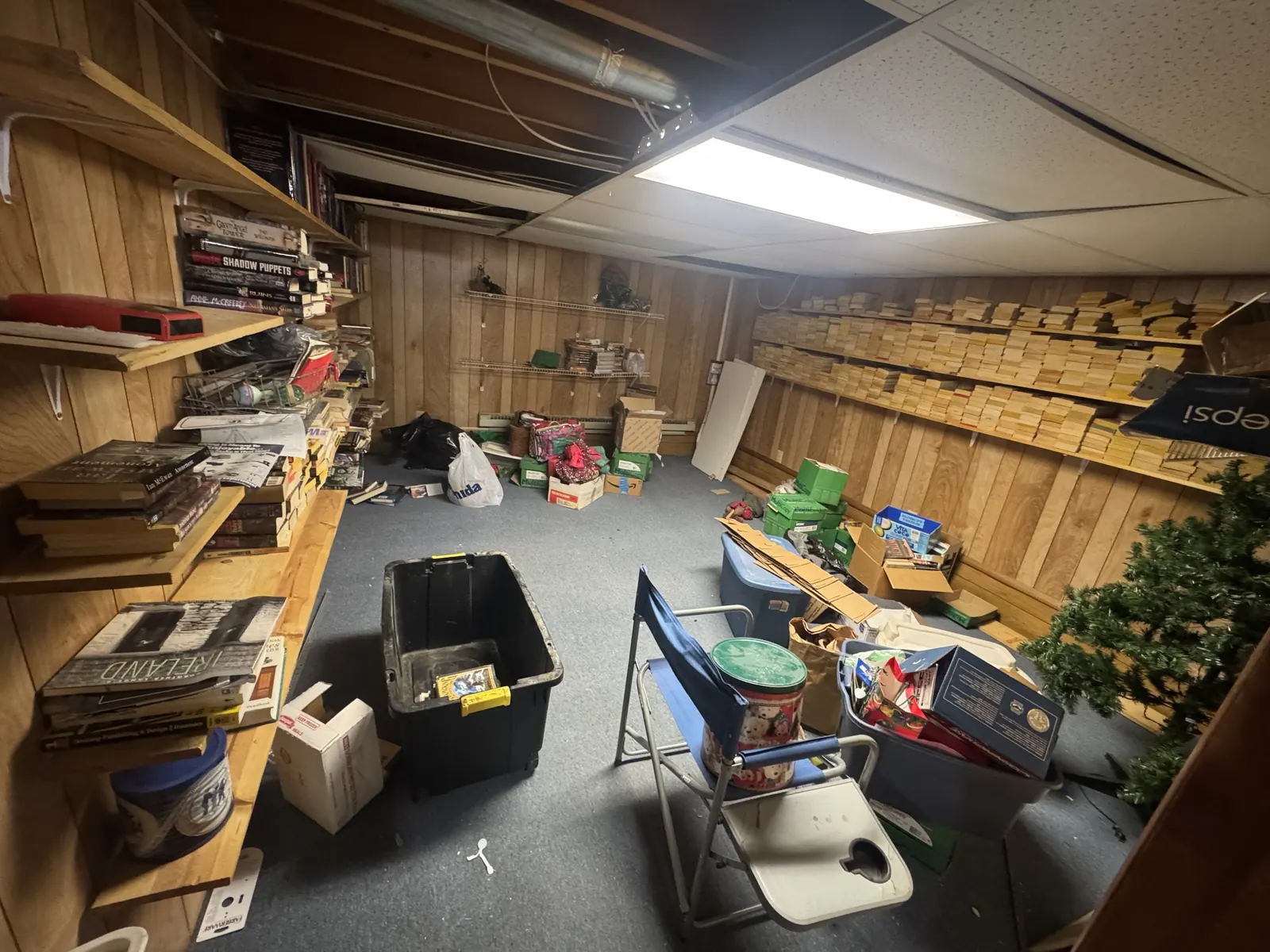 Before: a wood-paneled basement room with shelves of books, bins, boxes and a folding chair covering the floor.