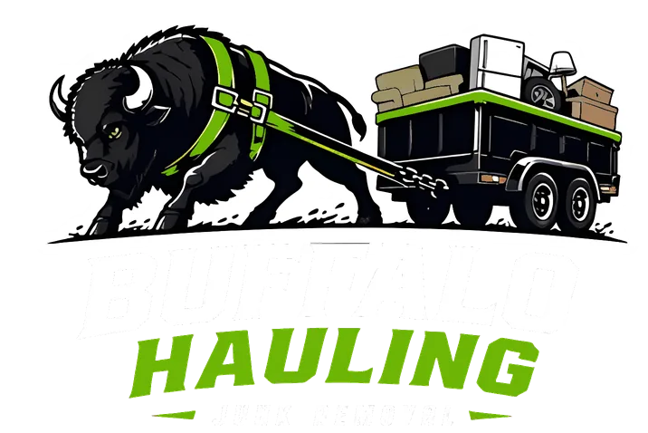 Buffalo Hauling Junk Removal logo: a black buffalo in a lime harness pulling a trailer loaded with junk.