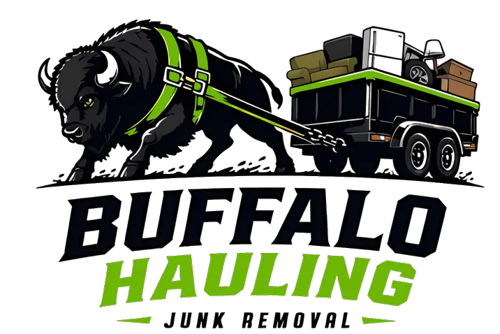 Buffalo Hauling Junk Removal logo: a black buffalo in a lime harness pulling a trailer loaded with junk.